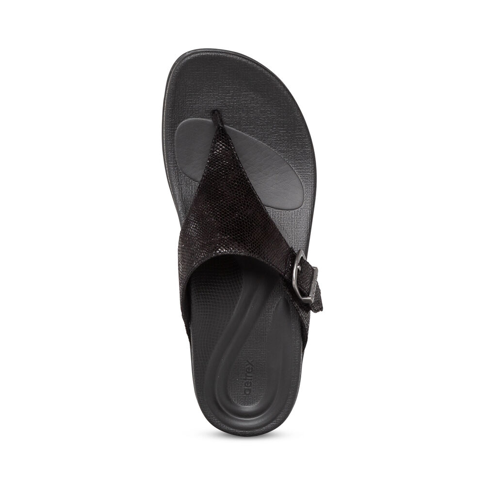 Aetrex Women's Rita Adjustable Flip Flops - Black | USA I3X7RKW